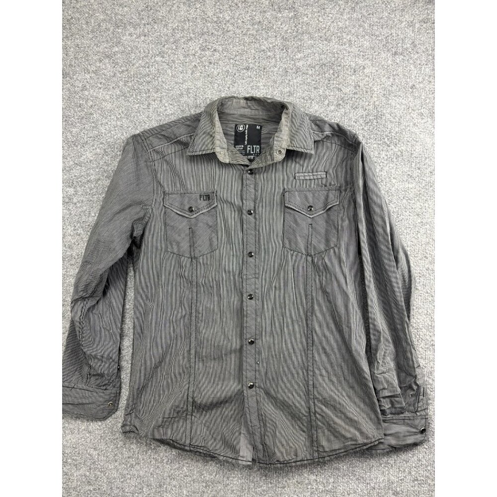 FLTR Shirt Mens Medium Gray Striped Long Sleeve Snap Front Western Pockets